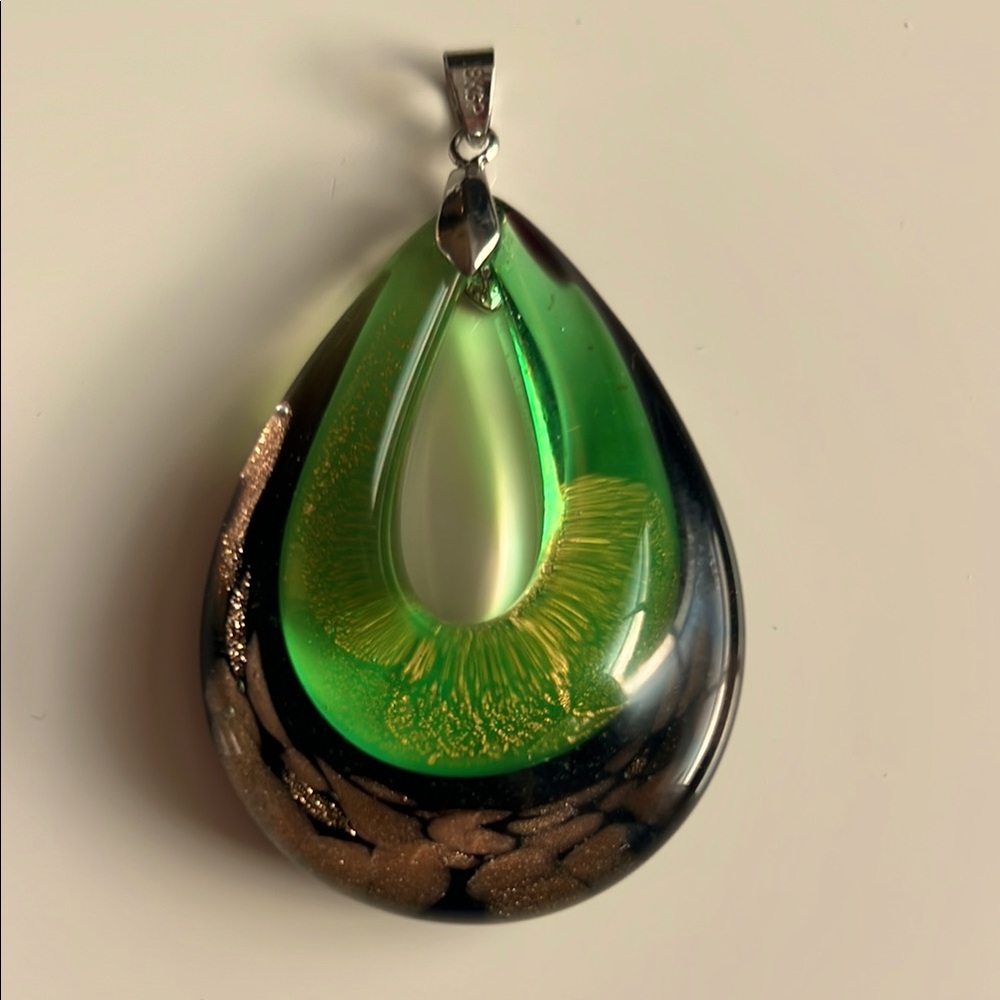Modern Glass Pendant Murano / Venetian style, Green Black and swirl of gold